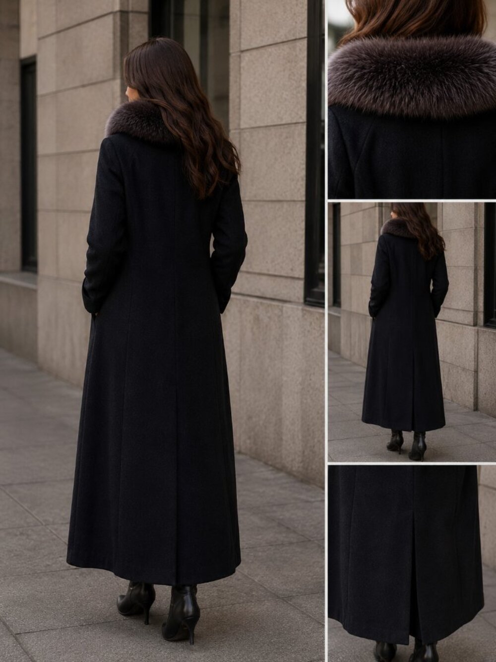 Ellen Tracy Black Long Wool Blend Coat Removable Genuine Fur Collar Women's 12 - Picture 6 of 14